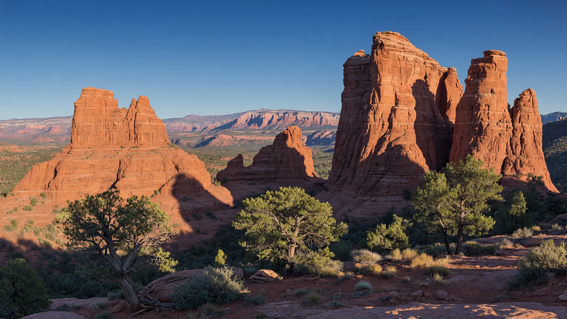 Sedona's red rock cliffs and towers glowing in warm sunlight under a clear blue Arizona sky
