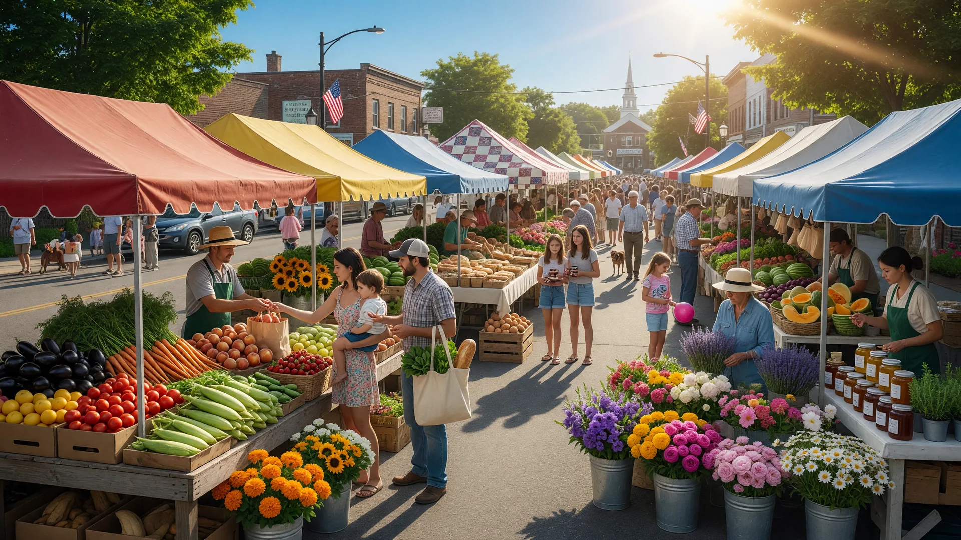 People enjoying a sunny day at a park with vendors and families walking around