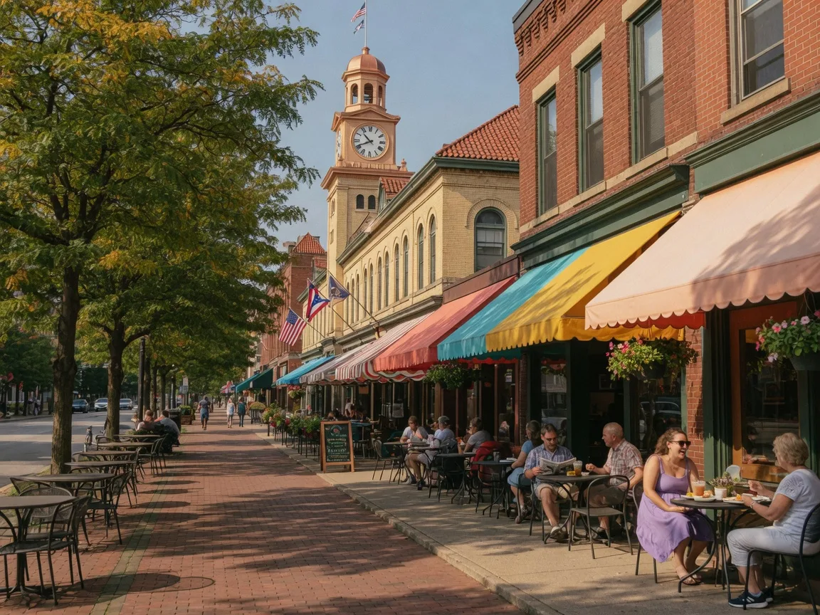 Ohio City street scene near the West Side Market on a sunny late summer afternoon with outdoor cafe seating and historic storefronts