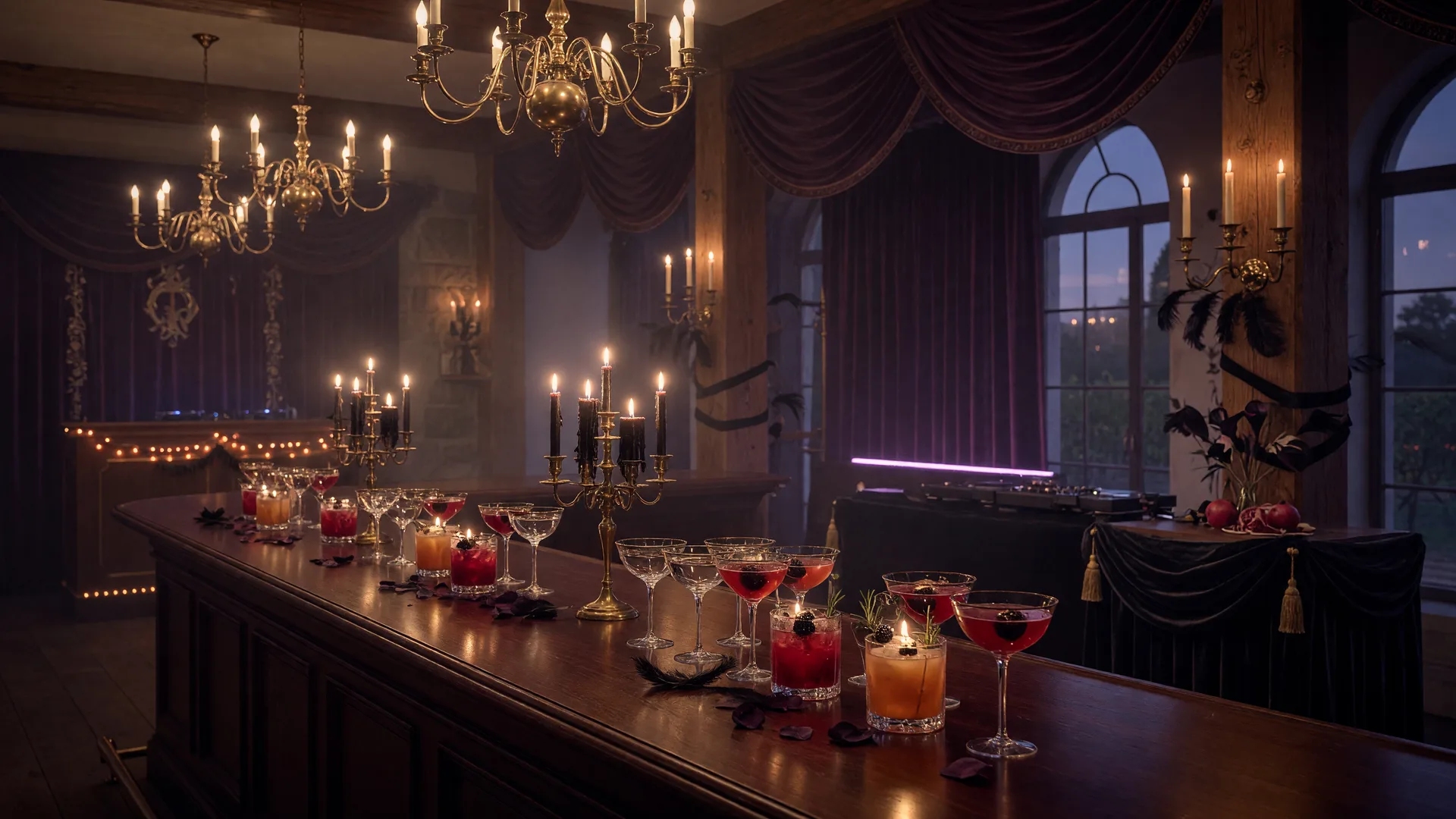 An elegant candlelit Halloween soirée in the Bordeaux Tasting Room at Chateau Elan Resort, with glowing cocktails, chandeliers, and a DJ in soft focus