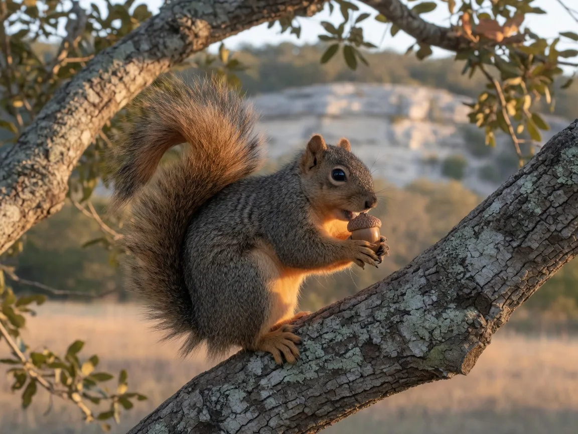 A fox squirrel holding an acorn on a live oak branch at dawn.
