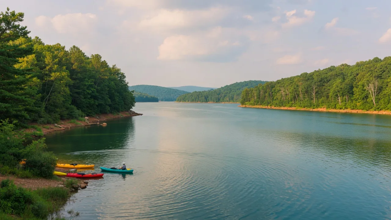Scenic view of the Occoquan Reservoir with calm blue-green water, forested shoreline, and kayaks near the edge on a summer afternoon