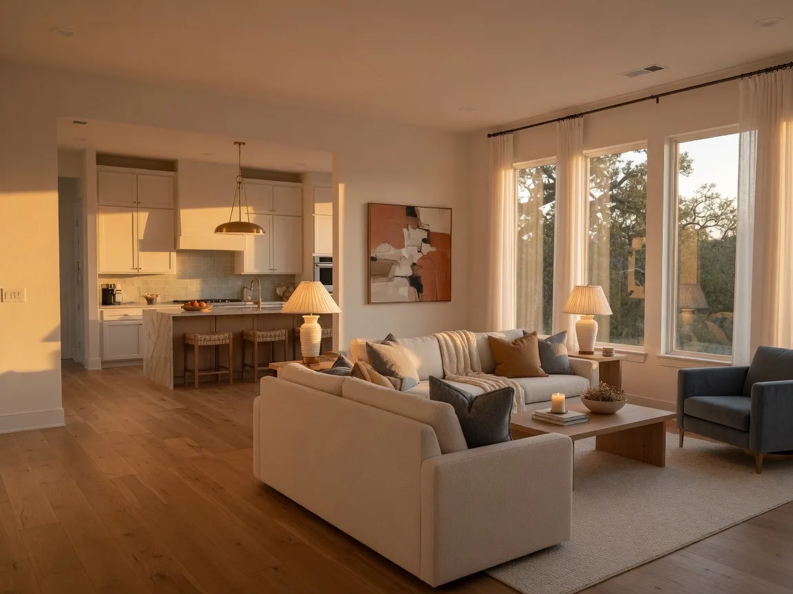 Bright warm-lit living room in a modern Texas home with floor-to-ceiling windows