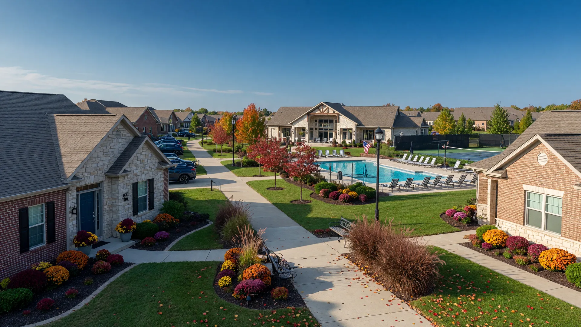 An upscale 55+ active-adult community in the central Indiana suburbs on a sunny October morning, single-level ranch homes with stone and brick facades and a resort-style clubhouse with pool in the distance
