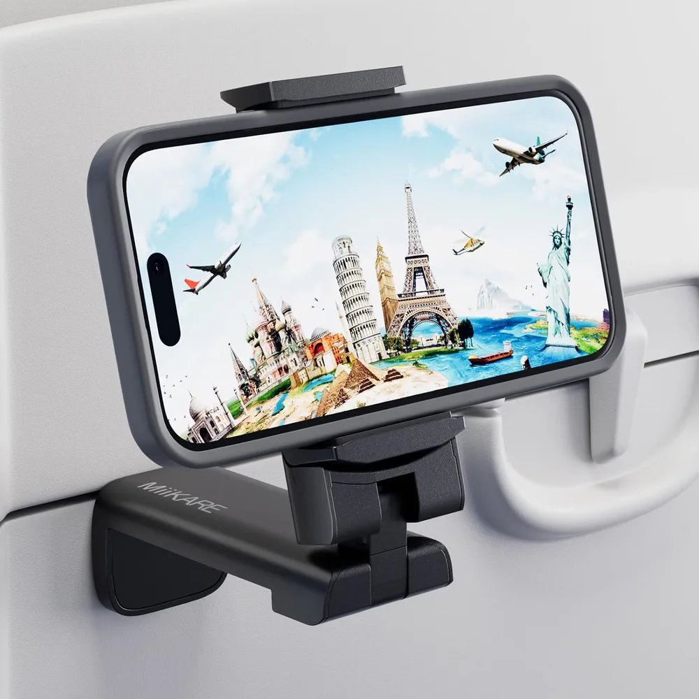 Soporte para teléfono de avión con montaje, un soporte de viaje plegable para respaldos de asiento y bandejas, fotografía de producto