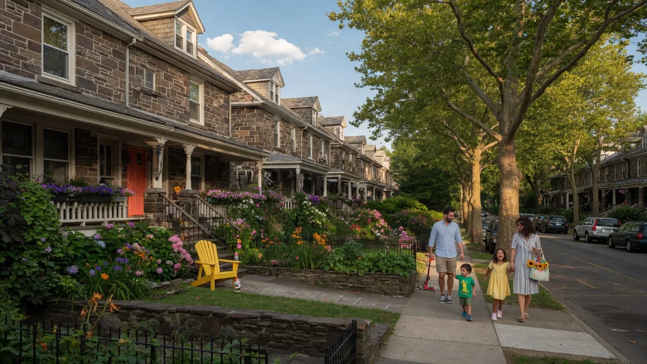 Leafy residential street in Chestnut Hill with Victorian stone homes and a family walking, Philadelphia