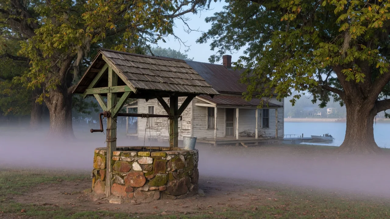 Old hand-dug stone well with wooden roof beside a historic Georgia farmhouse, pecan trees framing the scene with a glimpse of Lake Hartwell through the mist