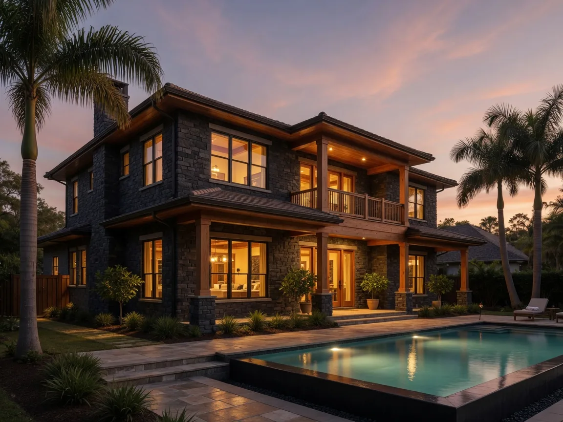 A larger two-story Florida family home with a pool glowing with warm golden light at dusk