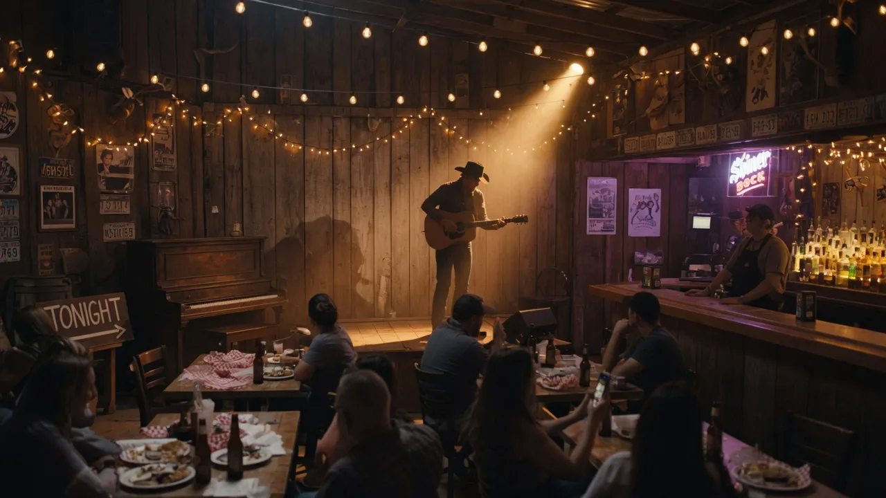 A solo acoustic guitarist silhouetted on a small stage under a warm spotlight inside a rustic Texas smokehouse music venue