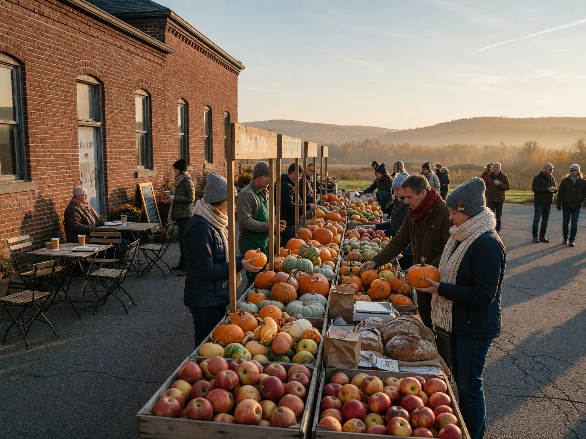 A small-town Ontario farmers market on a crisp Sunday autumn morning with stalls of pumpkins, gourds, apples and artisan bread beside a heritage brick brewery building with a patio, market-goers in fall coats and golden low autumn light