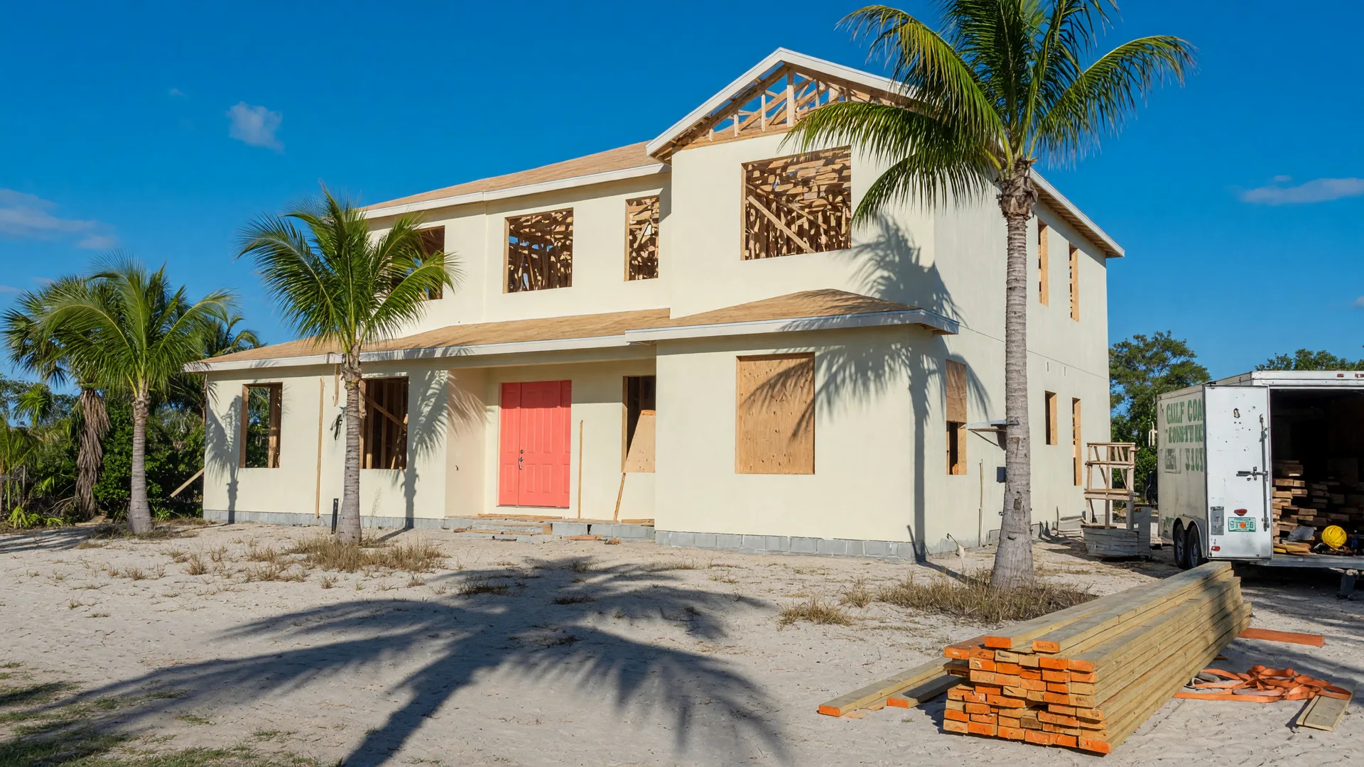 A two story stucco Florida home under construction on a sunny day with palms and a clear blue sky