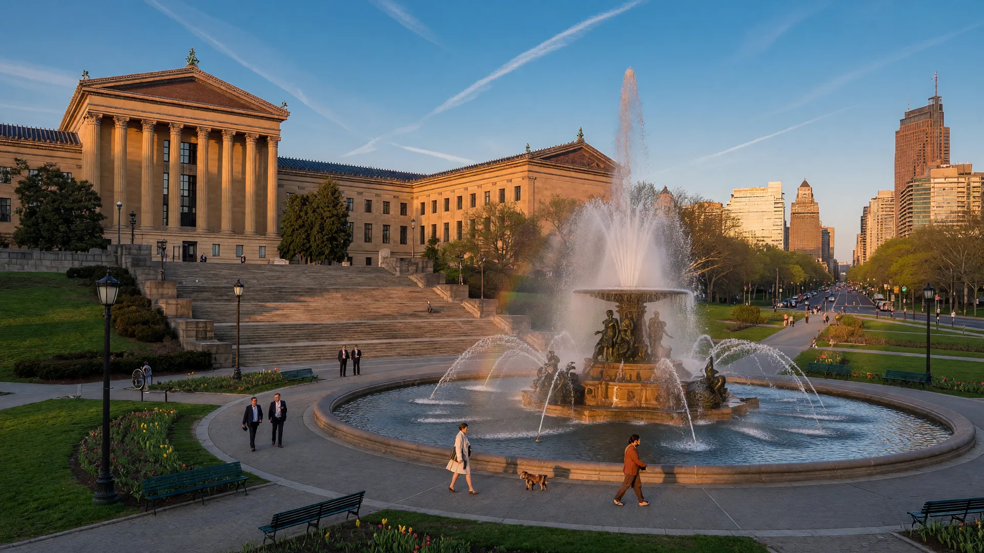 Swann Fountain with cascading water at Logan Square