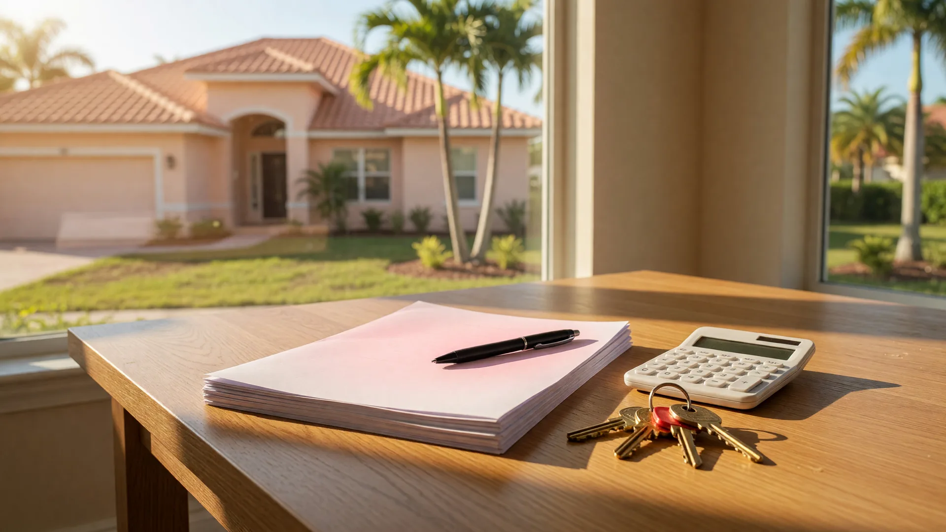 A stack of closing documents, a black pen, a calculator, and brass house keys on a light oak table in warm afternoon light, with a new stucco home and palm trees visible through the window.