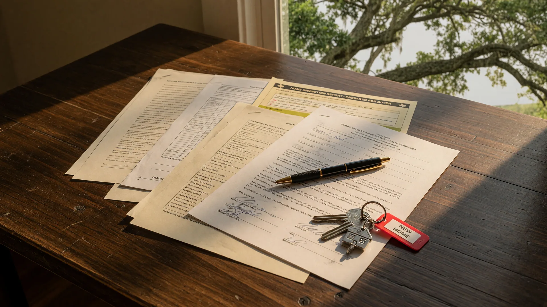Real estate contract and closing documents on a wooden desk with a pen, home inspection report, and house keys, warm afternoon light
