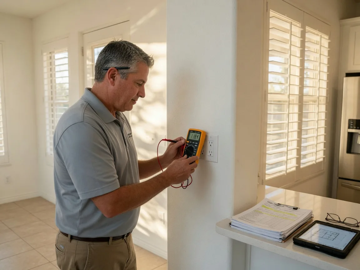 A home inspector testing a wall outlet with a handheld meter inside a bright, sunlit modern Gilbert, Arizona home with inspection documents on the counter