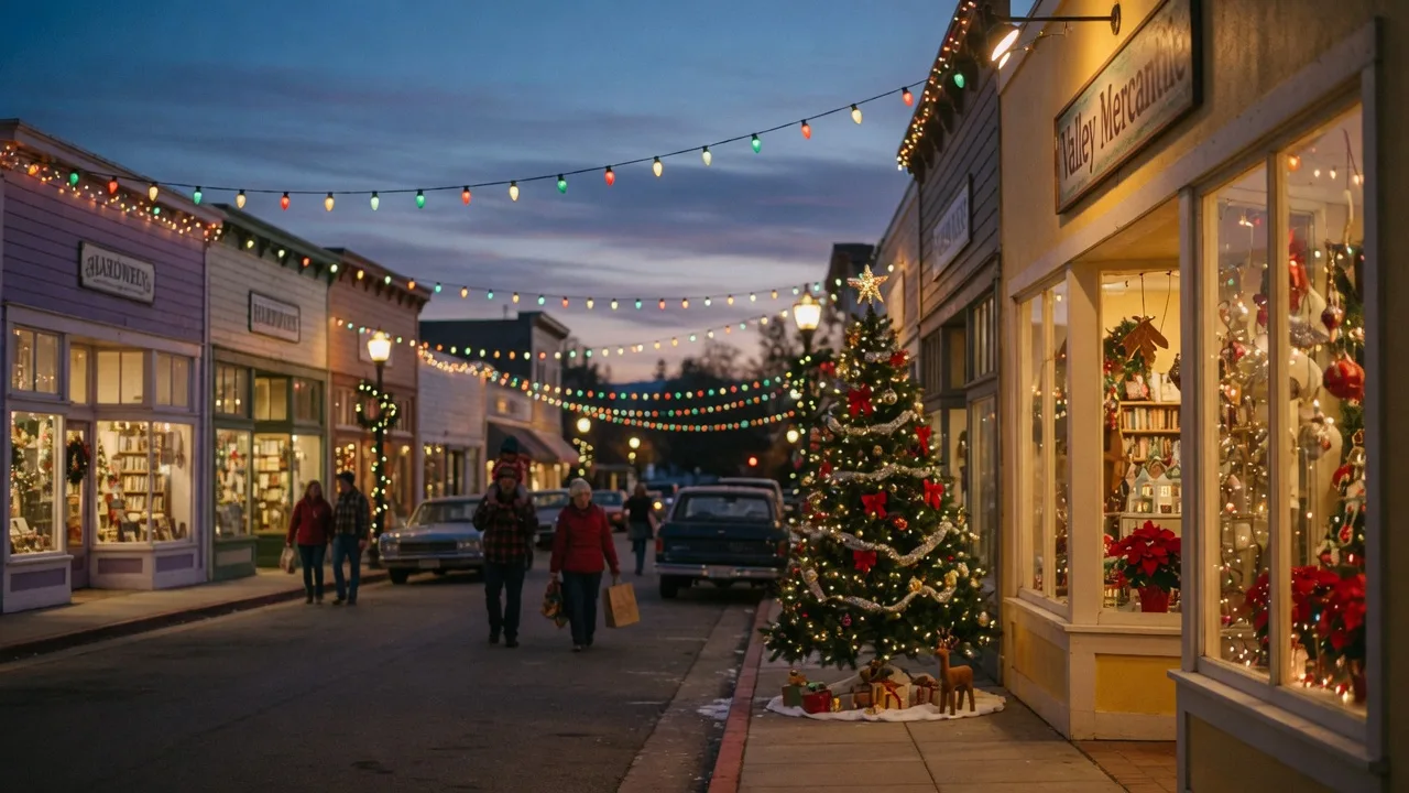 A small-town California shopping district in the early evening with warm shopfront windows, string lights overhead, and a decorated evergreen