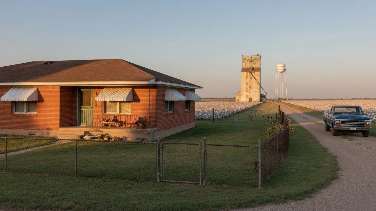 An older red-brick ranch home on a wide corner lot in Stockdale, Texas with a grain elevator in the distance at golden hour, in the home inspection service area of Rodeo Home Inspections