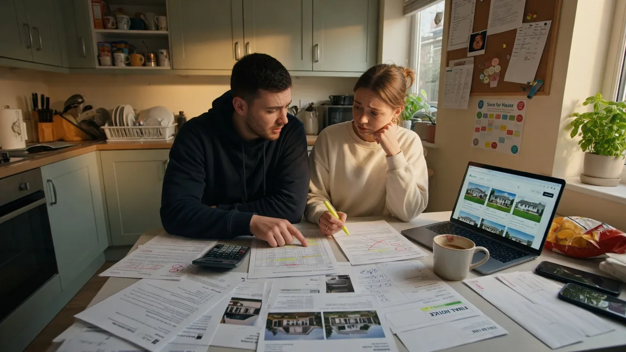 Concerned young couple sitting at a kitchen table reviewing paperwork with a laptop showing a real estate website