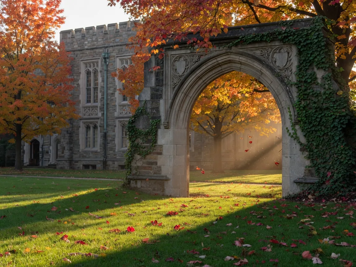 Collegiate stone university arch and campus building near Radnor Township