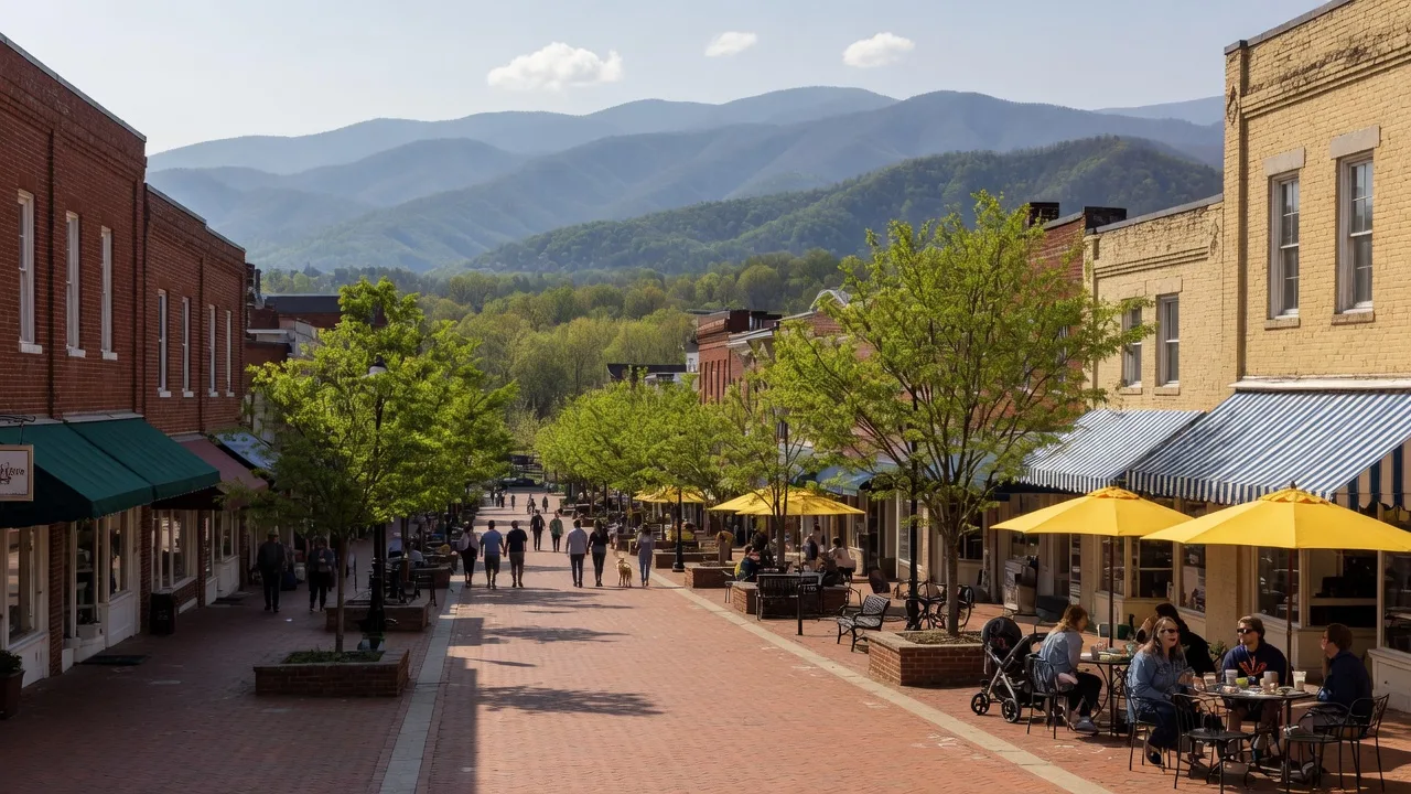 Charlottesville Virginia historic Downtown Mall brick pedestrian walkway lined with storefronts, outdoor cafe dining, trees, and the Blue Ridge Mountains rising in the distance