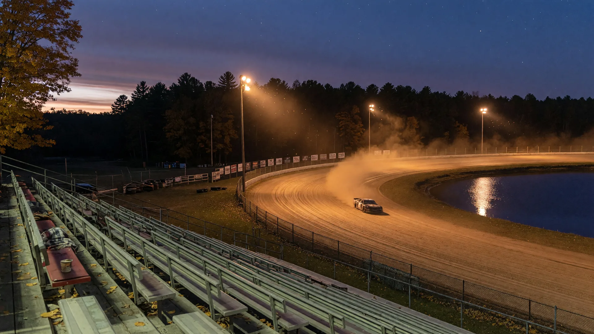 A dirt racetrack under tall floodlights at dusk, a stock car rounding the corner trailing dust, and dark pines beyond the fence