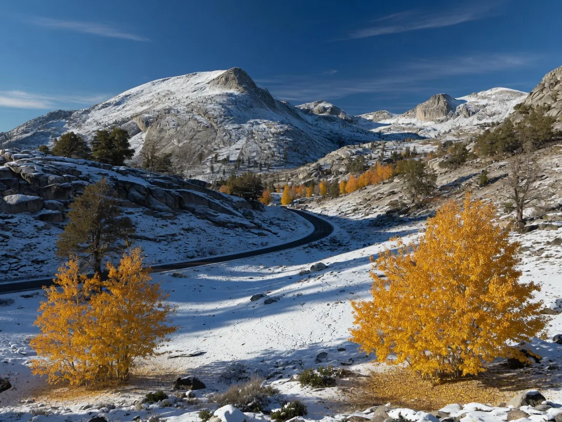 The Sierra Nevada high country along Tioga Road in Yosemite after the season's first significant snow in late October, granite peaks and a mountain pass dusted with fresh white snow, golden aspens and oaks still holding autumn color in the foreground, deep blue sky