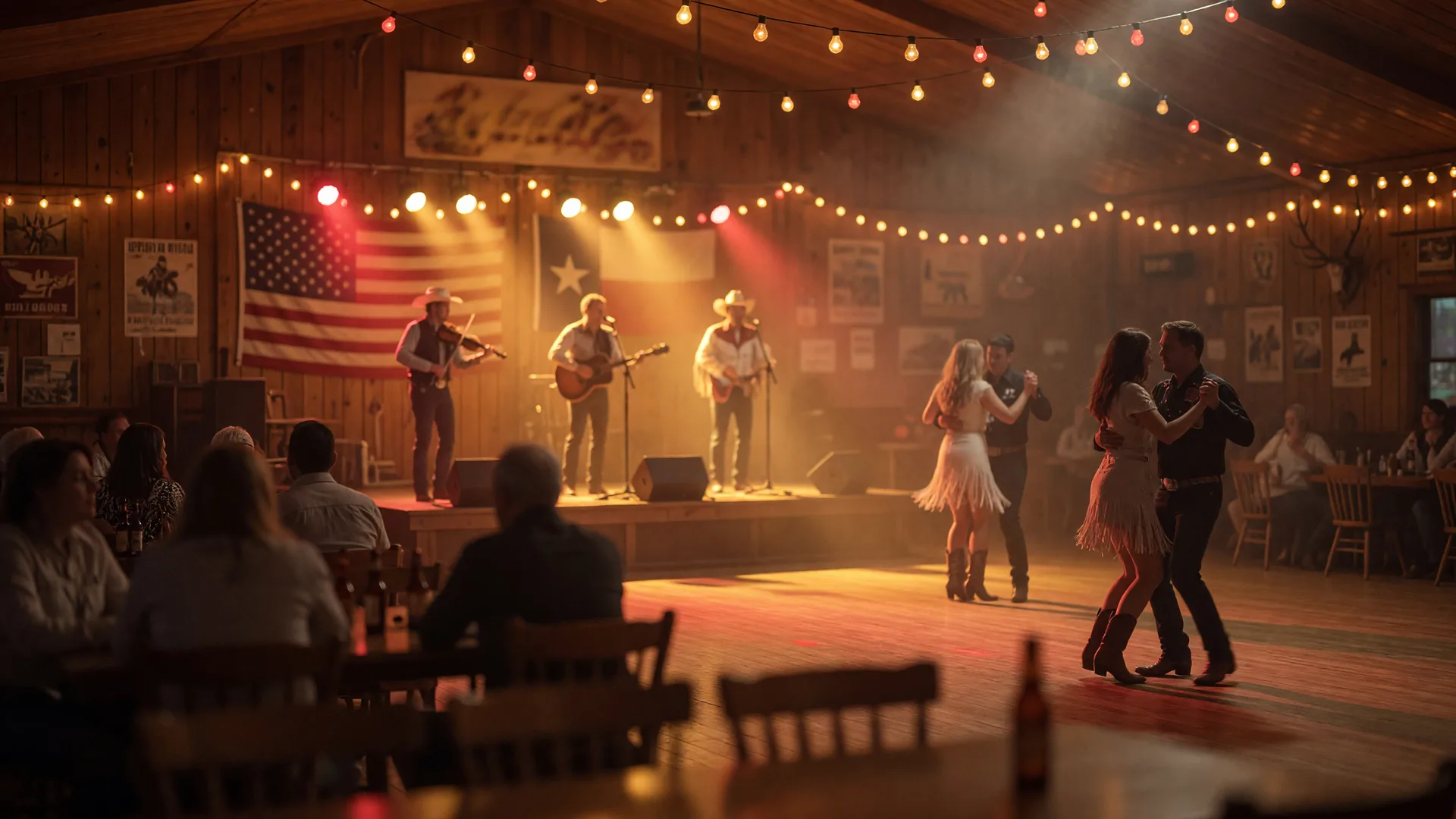 A honky-tonk dance show in a warm wood paneled lodge hall with a small stage lit by amber and red spots, string lights, and distant silhouetted dancers on a wooden floor