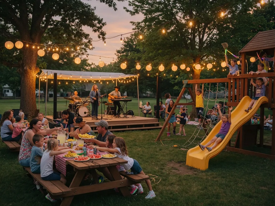 Community event at a Delran park with string lights, families, and live music