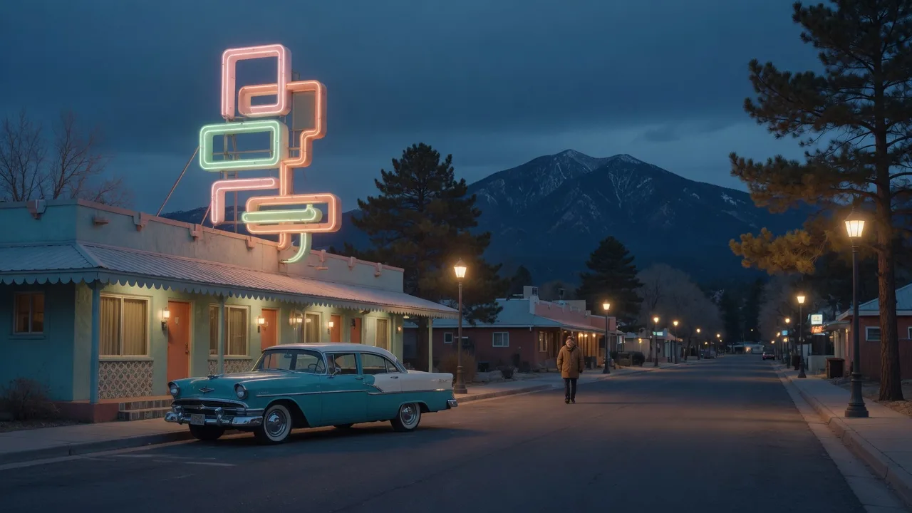 A vintage classic car on the historic Route 66 corridor in downtown Flagstaff at blue hour, with glowing motel neon, ponderosa pines, and the San Francisco Peaks silhouetted beyond