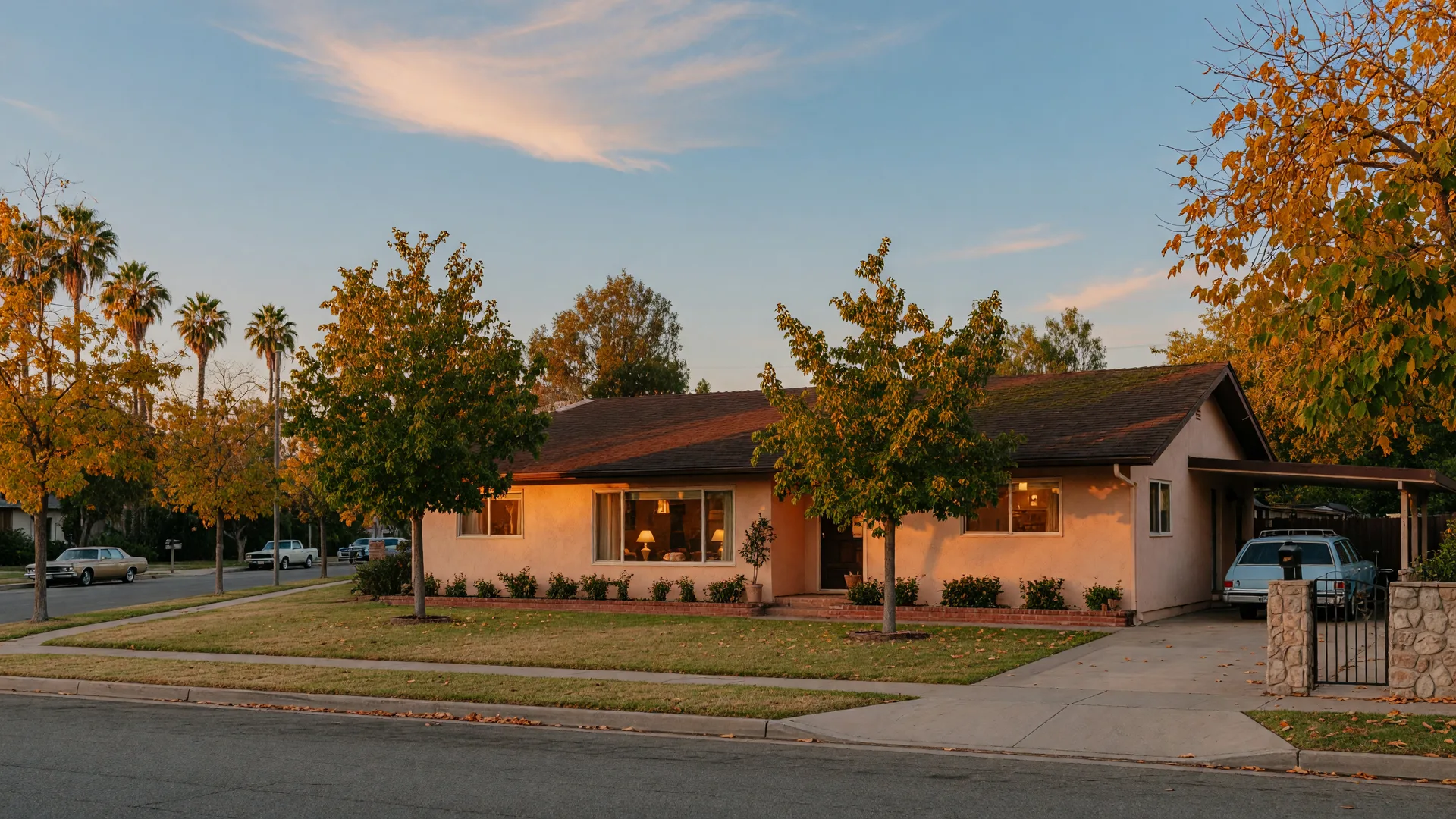 A mid-century California ranch home glowing at golden hour with autumn trees beginning to turn, illustrating the fall home buying market
