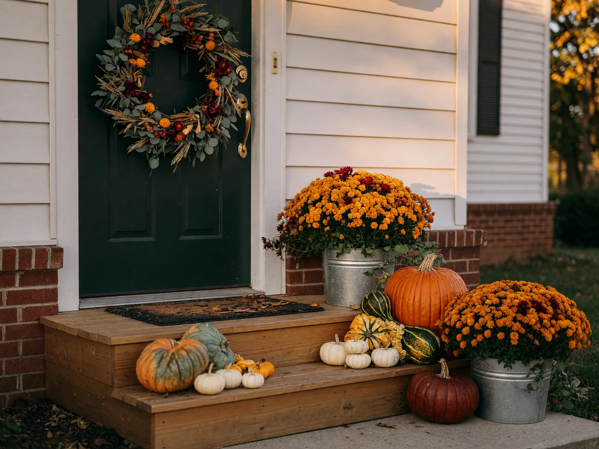 A Kentucky front porch dressed for fall with pumpkins, mums and a fall wreath