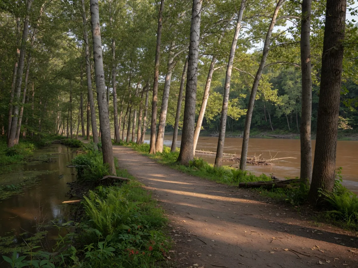A wooded trail winding through tall trees near the Mississippi River