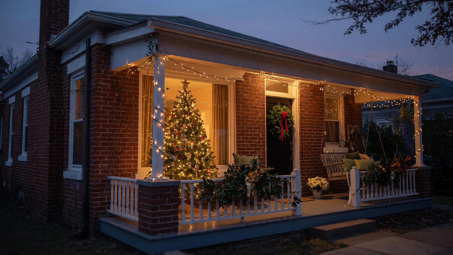A decorated Christmas tree glowing through the front window of a brick home at dusk