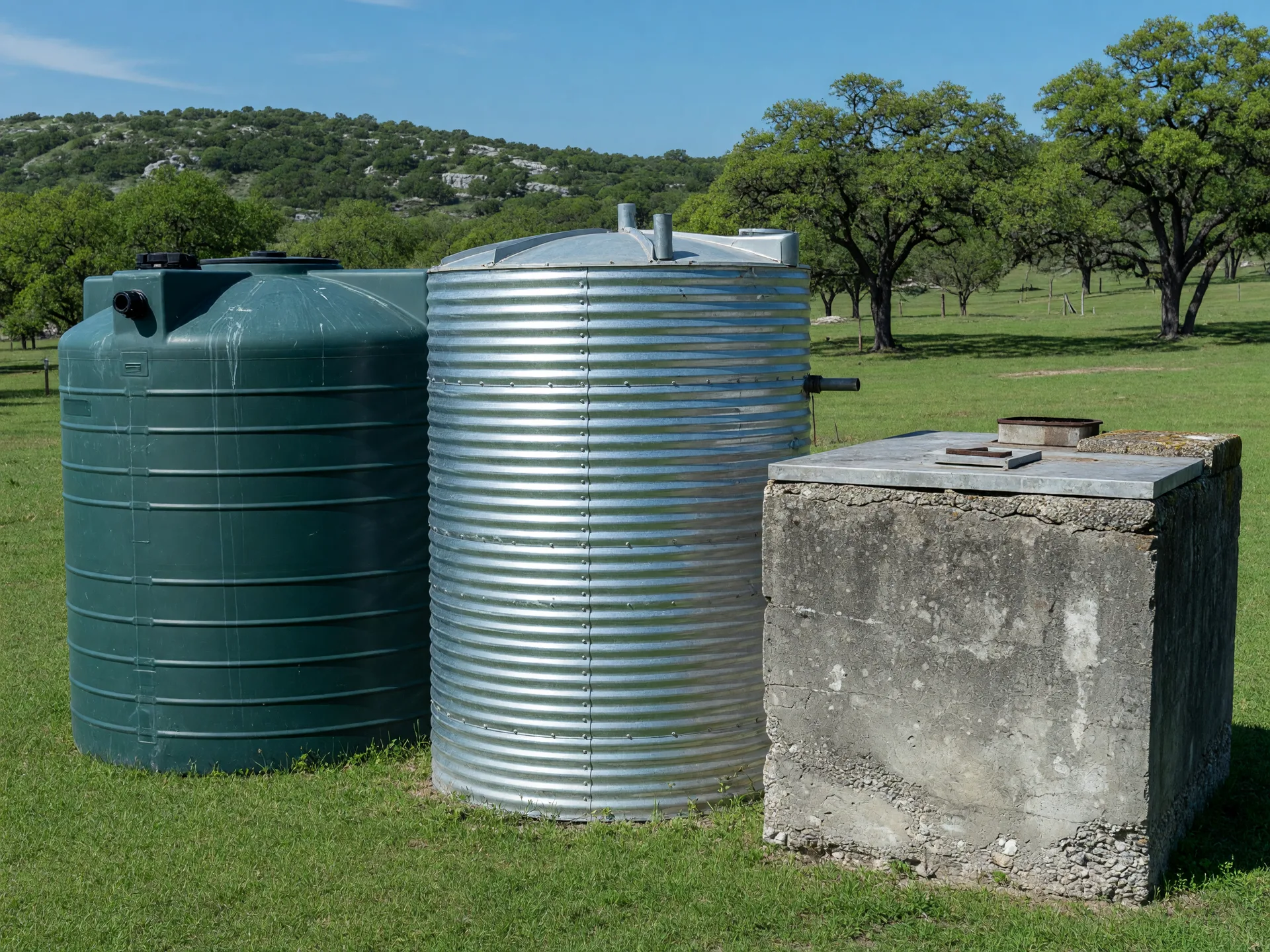 Side-by-side comparison of three rainwater storage tanks: a dark green polyethylene tank, a galvanized metal tank, and a concrete cistern, outdoors against a Hill Country landscape.