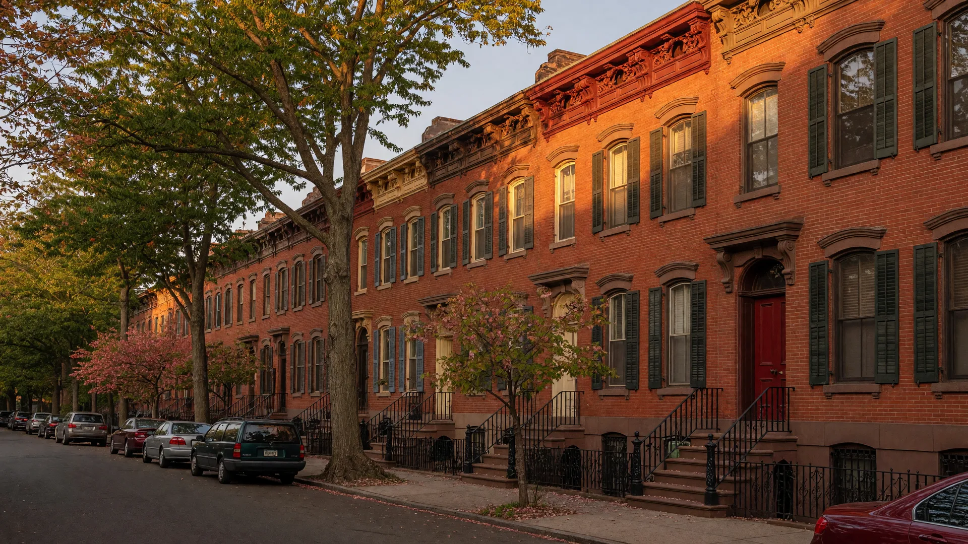 A row of 19th century Italian brick rowhouses in Wooster Square, New Haven, at golden hour, with brownstone stoops, wrought iron railings, and a quiet tree lined street