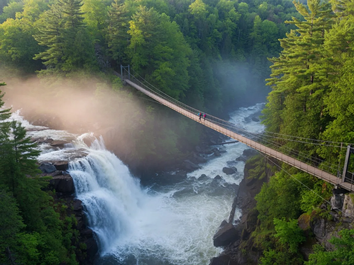 A scenic suspension footbridge spanning a forested river gorge in late October, with the river running over rapids below and maples in gold and rust tones