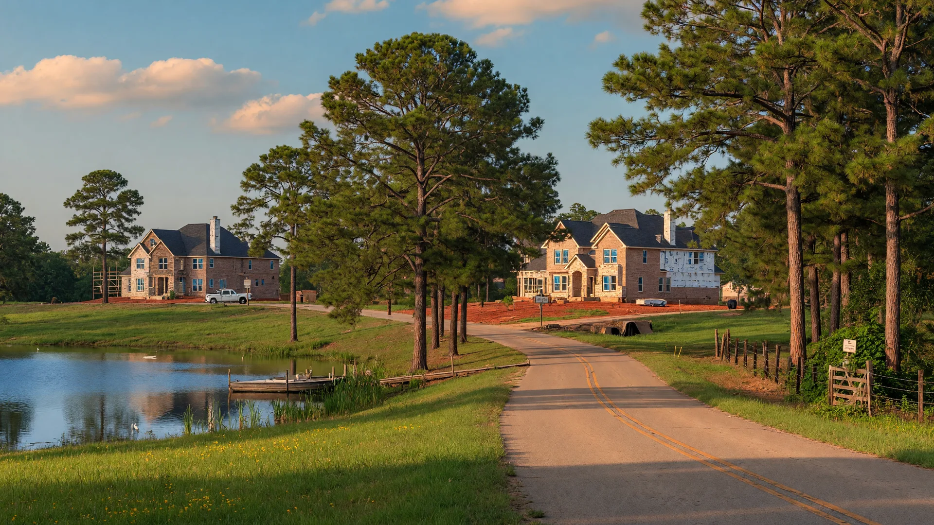 A winding country road in Northeast Houston lined with pine trees, with new homes visible in the distance under a clear blue sky