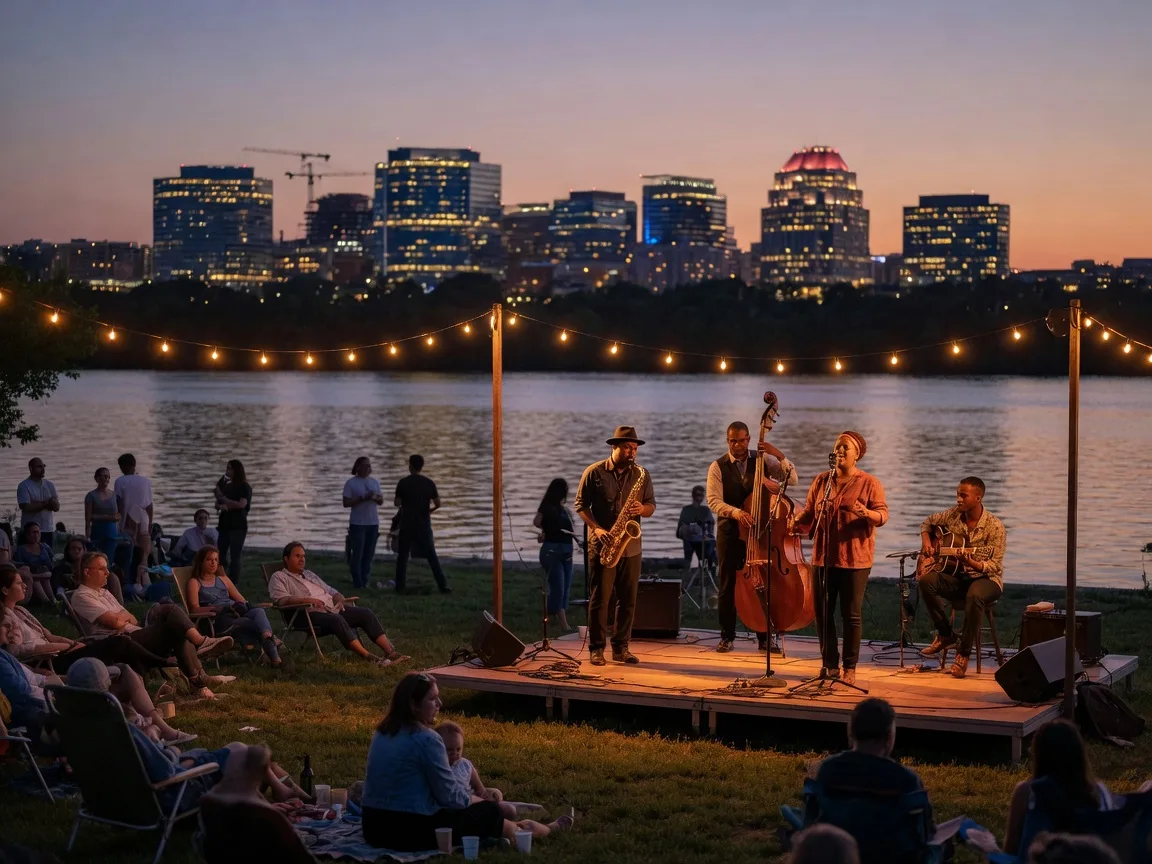 Dusk concert at a waterfront park with a jazz band on an outdoor wooden stage, a relaxed lawn audience, warm string lights, and the Potomac River reflecting the violet-orange sky with the Rosslyn skyline of Arlington, Virginia across the water