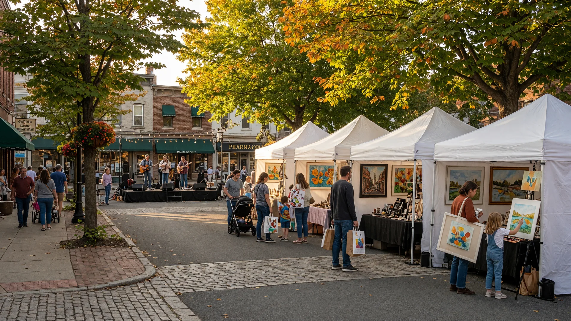 White artist tents filling Greenwood Avenue in Jenkintown on a warm September afternoon, families browsing paintings and handmade crafts under a canopy of mature trees, a small live music stage visible in the distance, warm golden-hour light filtering through the branches