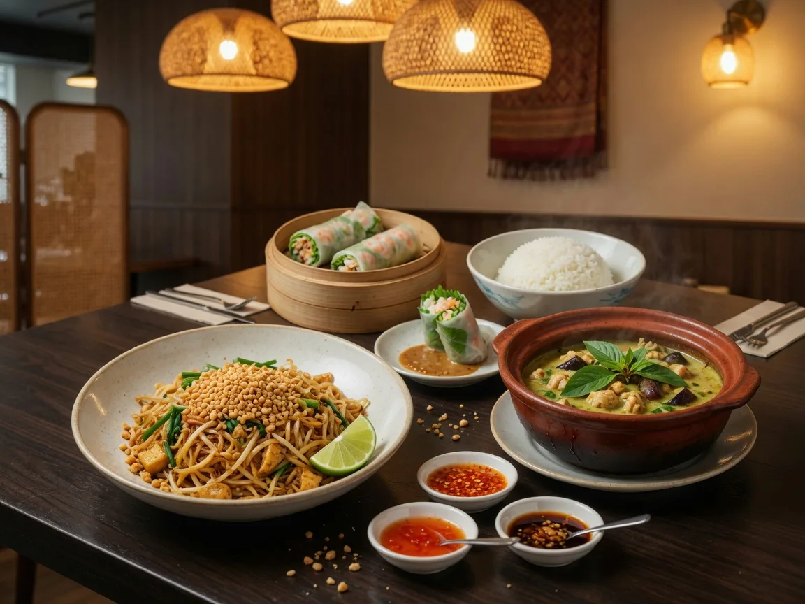 Warm editorial photograph of an authentic Thai feast near Fullerton Hills, with pad Thai, green curry in a clay pot, fresh summer rolls, and jasmine rice on a wooden table in a cozy modern dining room
