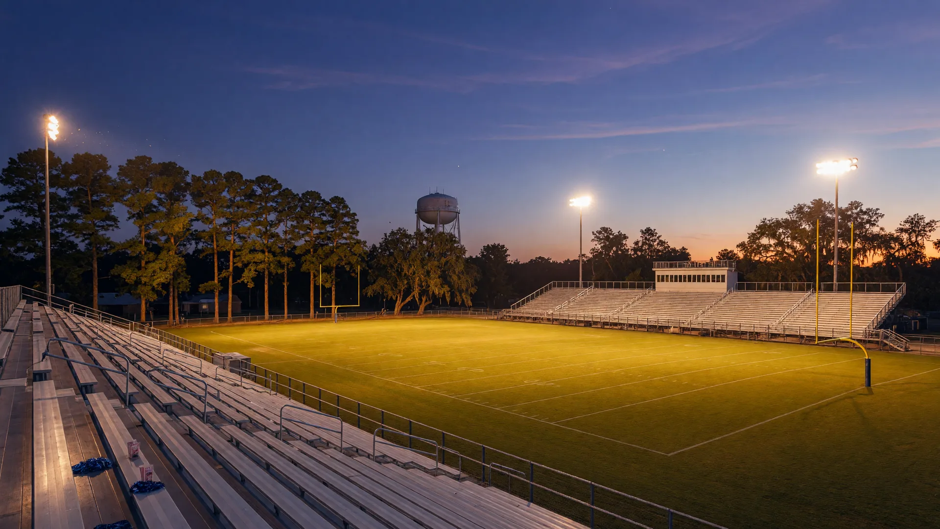 Small-town Texas high school football stadium glowing under Friday night lights at dusk, with tall pines and a water tower behind the goal posts
