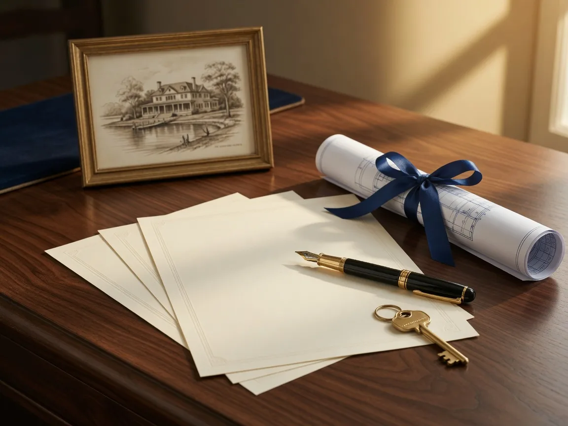 A fountain pen resting on documents and a rolled blueprint on a desk, representing the formal education behind the GRI designation