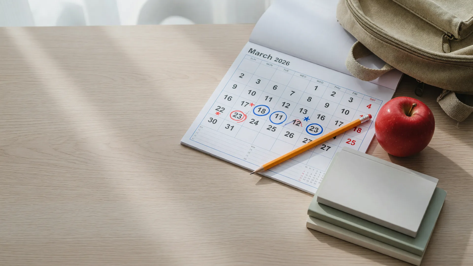 Illustrative image of an open desk calendar, pencil, and apple for the 2026-27 school year