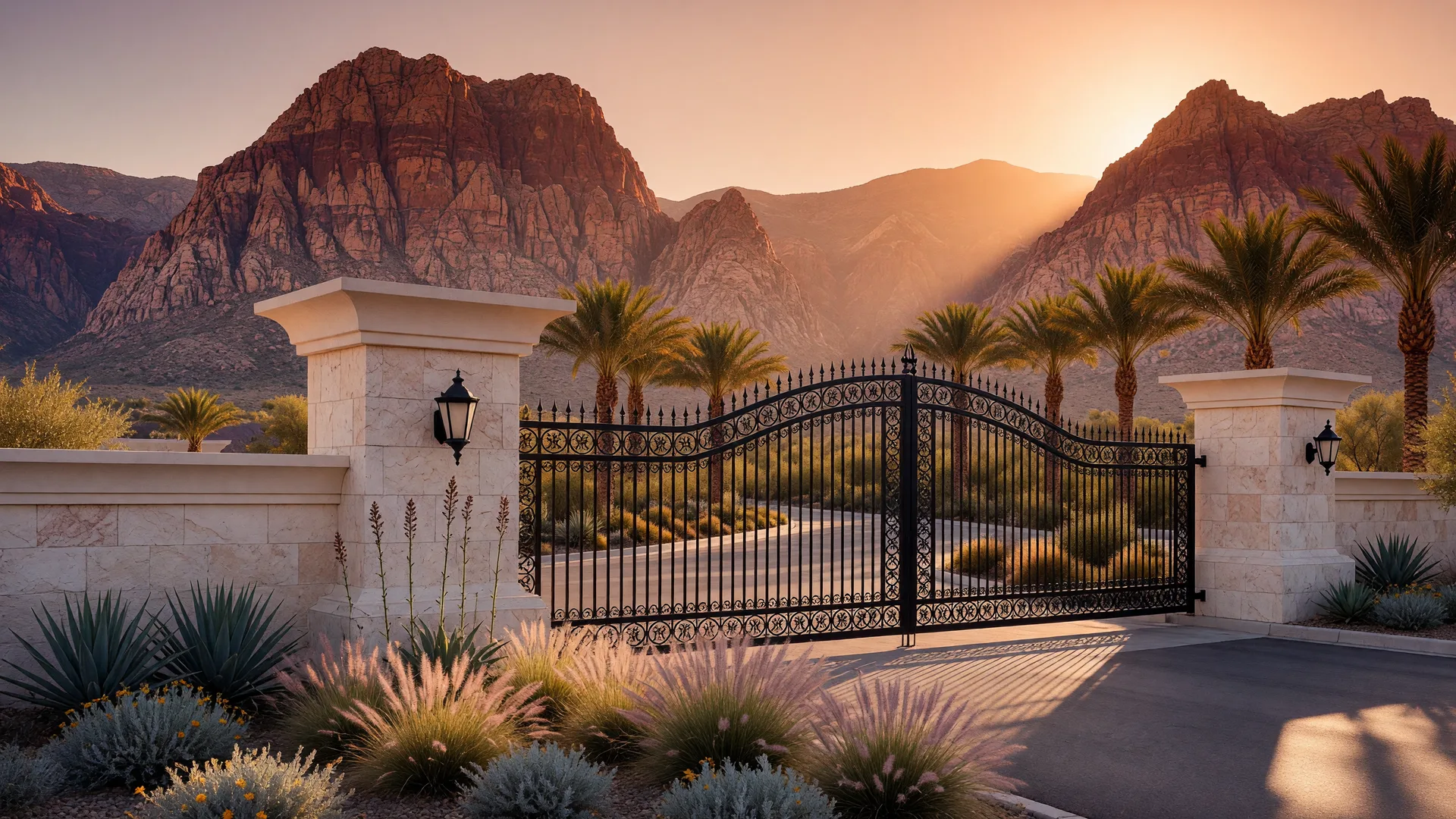 Stone and wrought-iron entrance gate of a guard-gated Summerlin community with the Red Rock mountains behind