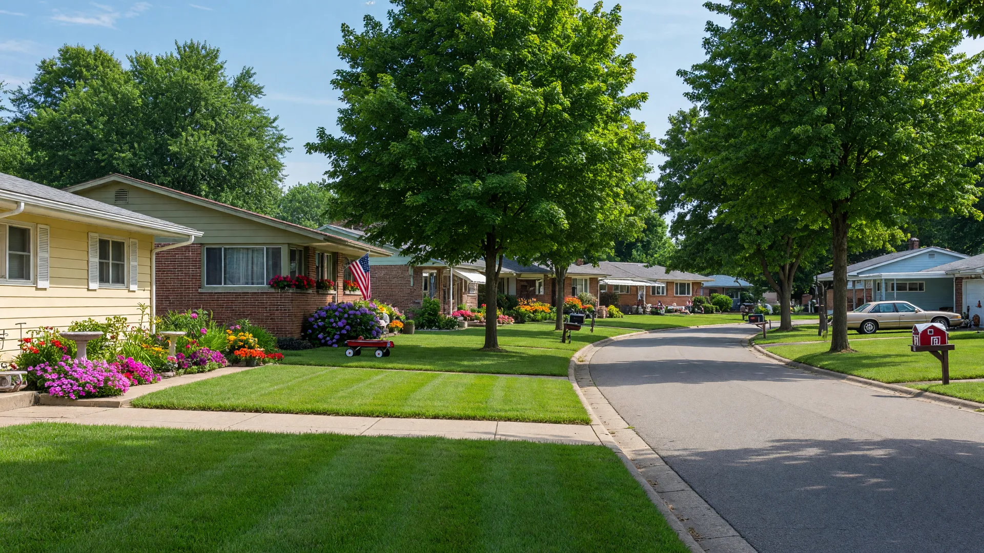A sunny residential street in Kettering, Ohio with well-maintained mid-century homes, mature trees, and green lawns under a bright blue sky