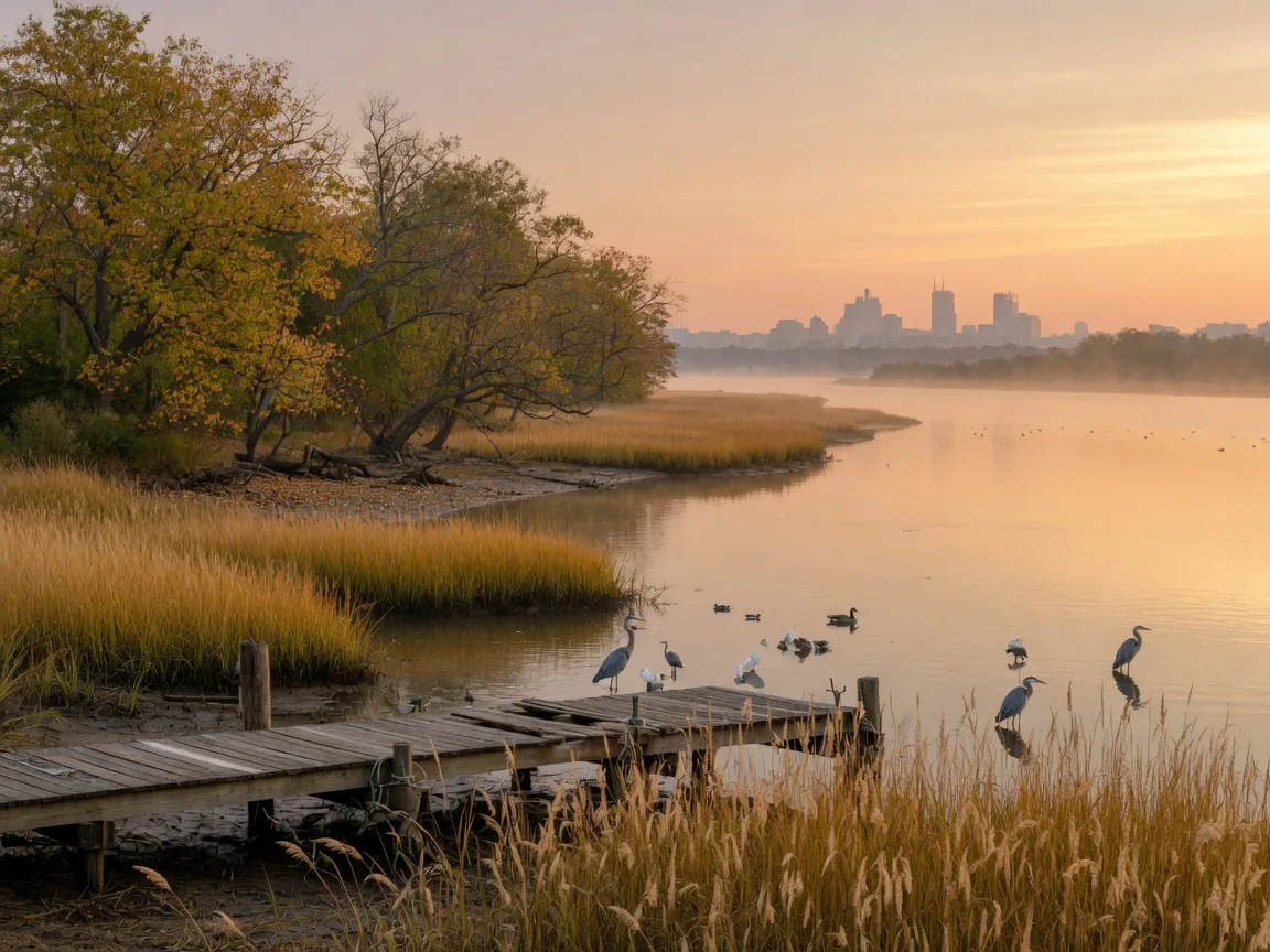 The Delaware River shoreline in South Jersey at sunrise with a weathered wooden dock, golden marsh grass, and a faint skyline on the horizon