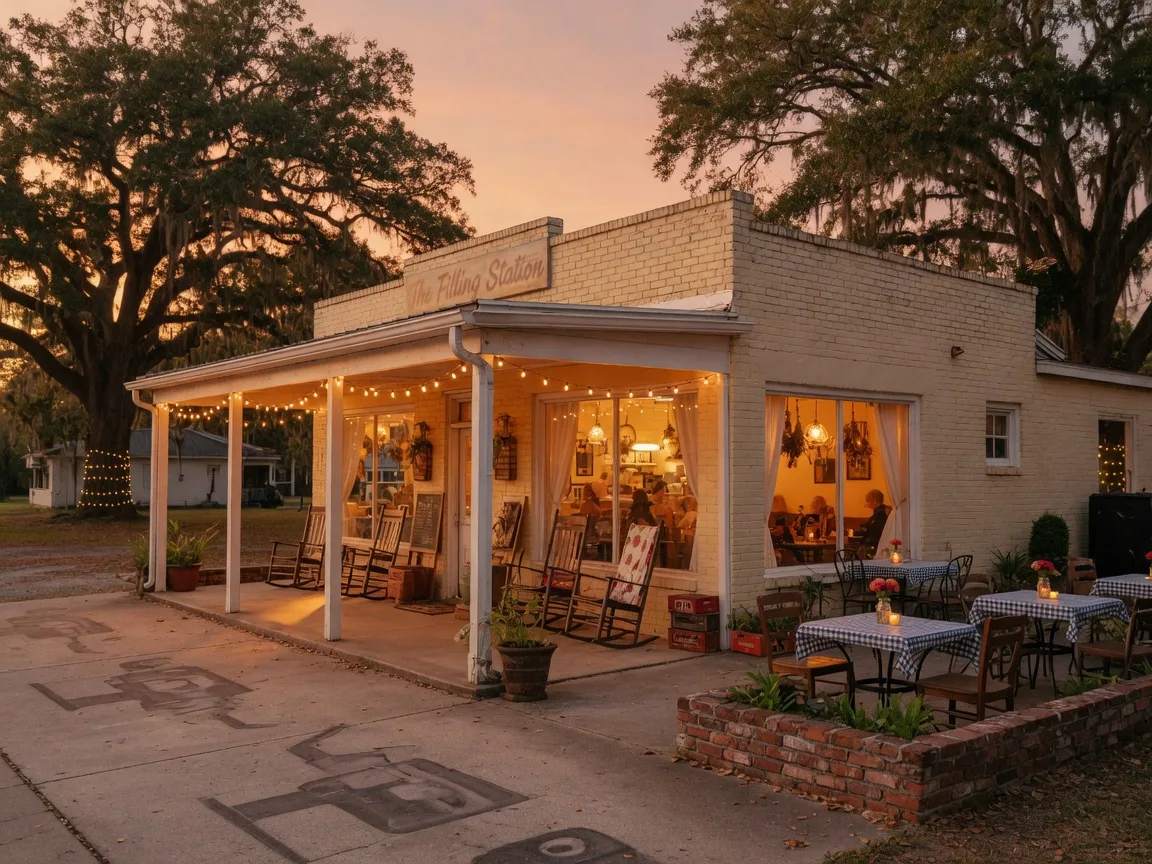 Local Station restaurant exterior in Historic Downtown Braselton GA, a charming converted 1950s gas station with covered porch and rocking chairs
