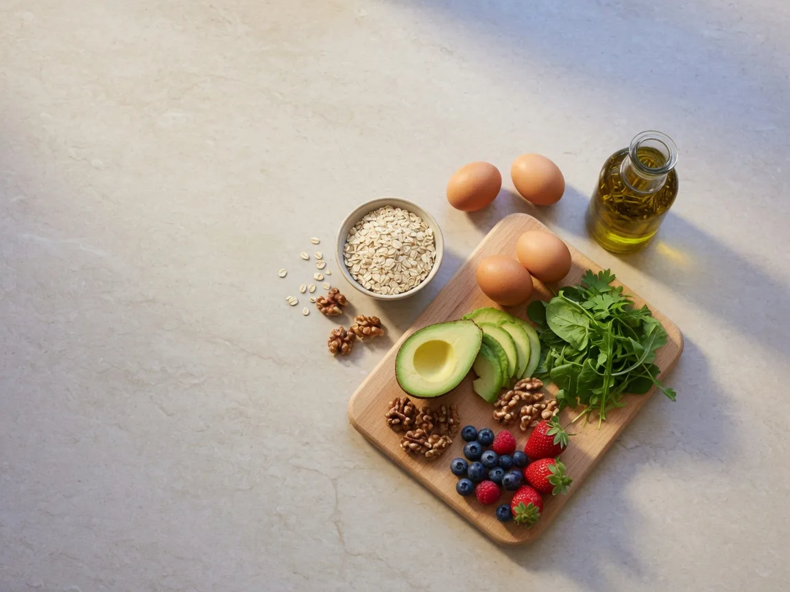 A flat lay of whole foods including leafy greens, berries, walnuts, and eggs