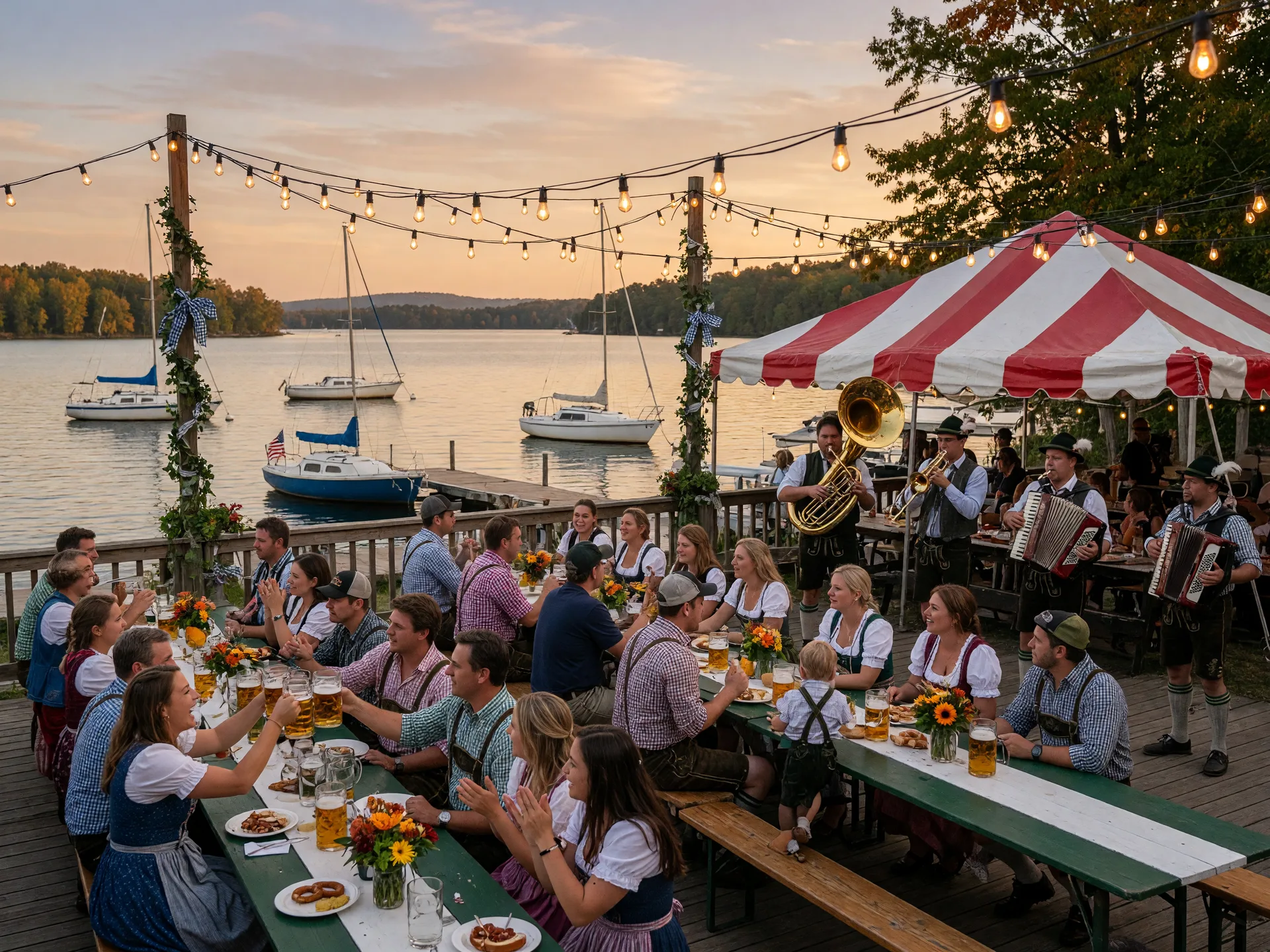 A lively Oktoberfest celebration on a lakeside biergarten patio near Lake Norman in early October, string lights overhead, wooden tables with beer steins, a brass band playing under a tent, and sailboats on the lake in golden afternoon light
