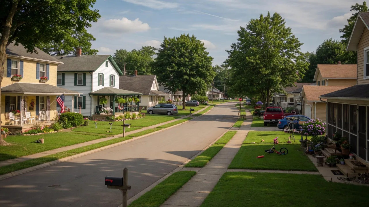 A quiet, tree-lined residential street in Vandalia, Ohio with well-maintained homes, front porches, and green lawns on a sunny summer afternoon
